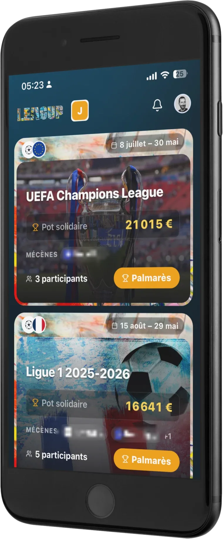 L’app LeagUp sur smartphone — cartes de compétitions